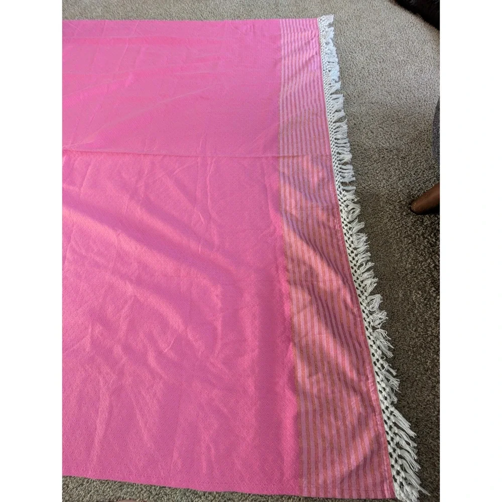 Lilly Pulitzer Pink/Gold Stripe Fringe Tablecloth 77x69 Diamond Rectangular